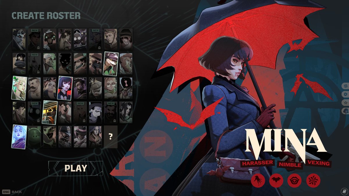 Capture officielle de Deadlock : l'écran de sélection des héros avec la grille complète du roster et la fiche du personnage Mina affichée à droite