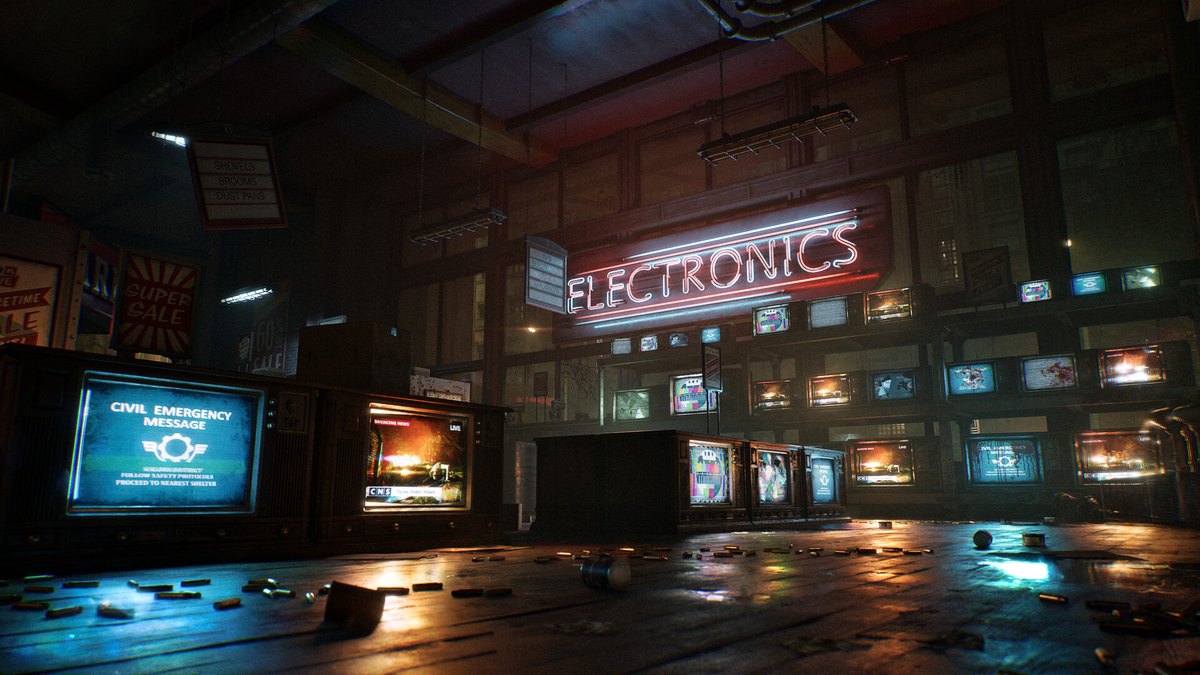Capture officielle de Gears of War: E-Day : l'intérieur sombre d'une boutique d'électronique, enseigne au néon, téléviseurs allumés et large zone d'ombre sur la droite