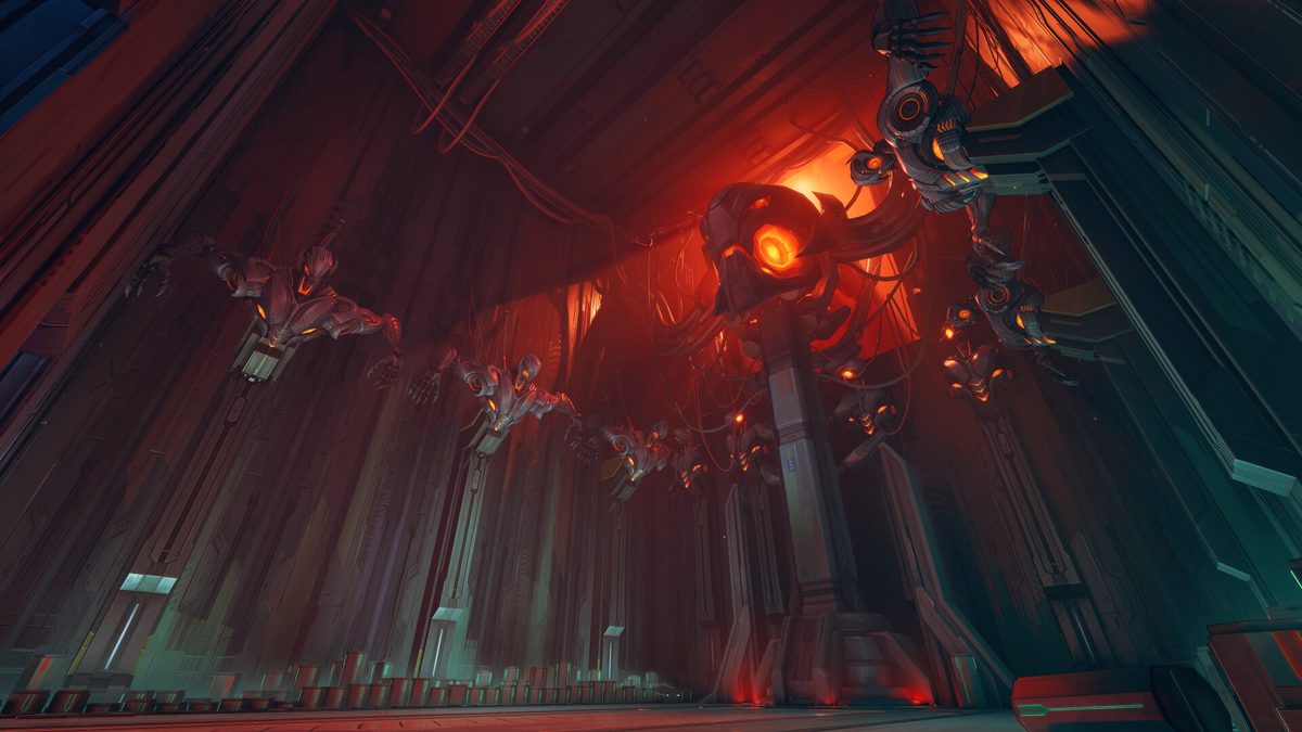 Capture officielle de Marvel Rivals : un immense hall industriel plongé dans l'ombre, éclairé par un unique œil orange, avec des bras mécaniques suspendus et de larges zones où le décor disparaît dans le noir