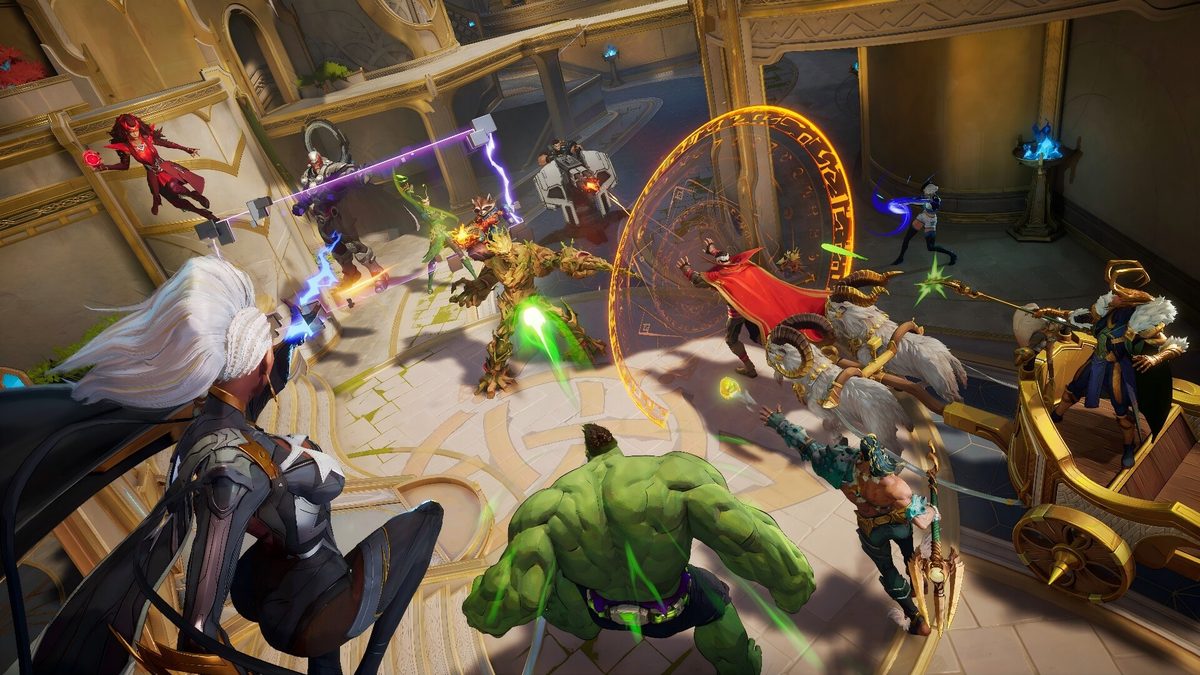 Capture officielle de Marvel Rivals : une mêlée dans une salle claire où une dizaine de héros s'affrontent, avec un portail circulaire, des faisceaux d'énergie et des particules colorées qui se superposent à l'écran