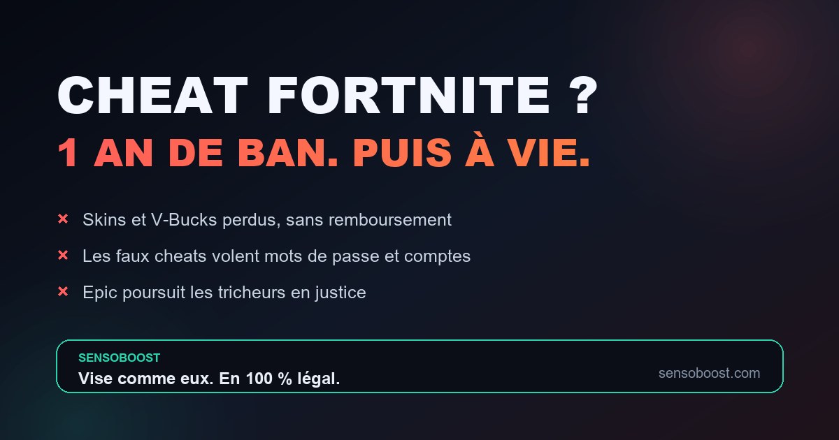 Carte récapitulative du dossier cheat Fortnite : un an de ban puis à vie, locker perdu sans remboursement, malwares et alternative légale