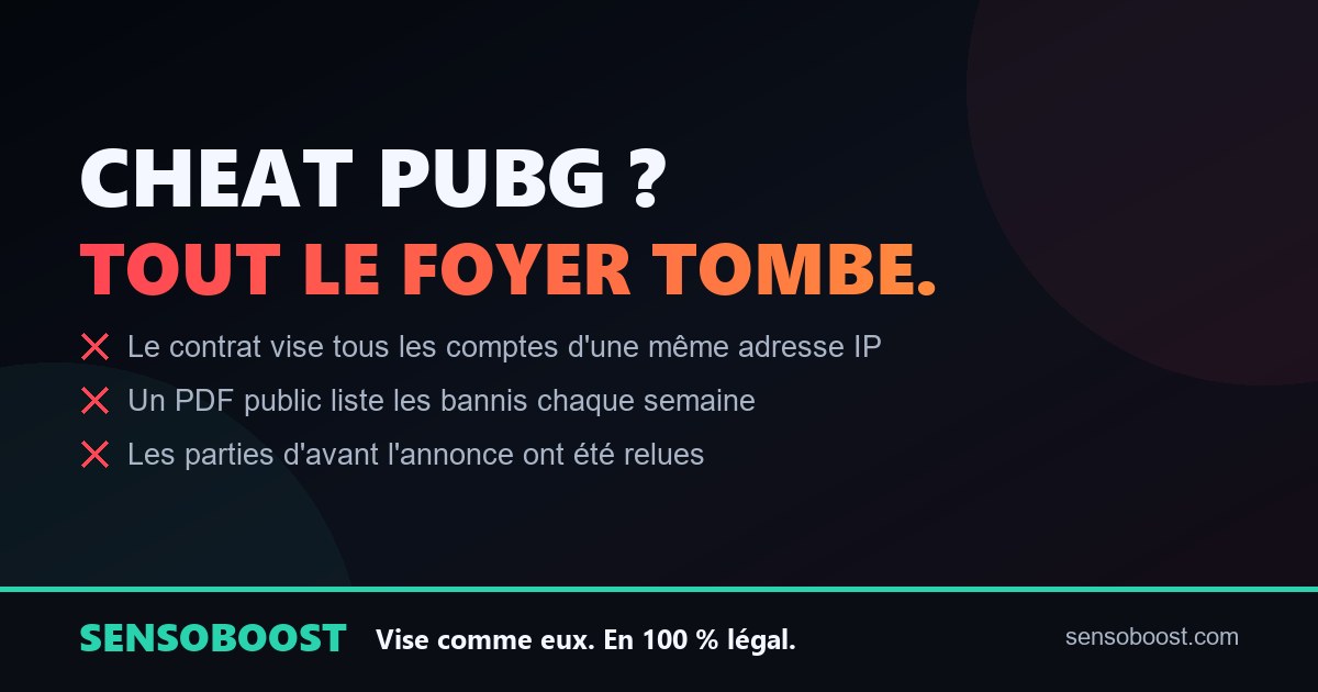Carte récapitulative du dossier cheat PUBG : bannissement par adresse IP, liste publique hebdomadaire des bannis et sanctions rétroactives