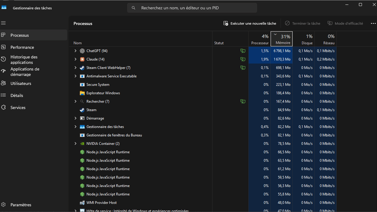 Gestionnaire des tâches de Windows 11, onglet Processus trié par mémoire : consommation CPU, mémoire, disque et réseau de chaque application
