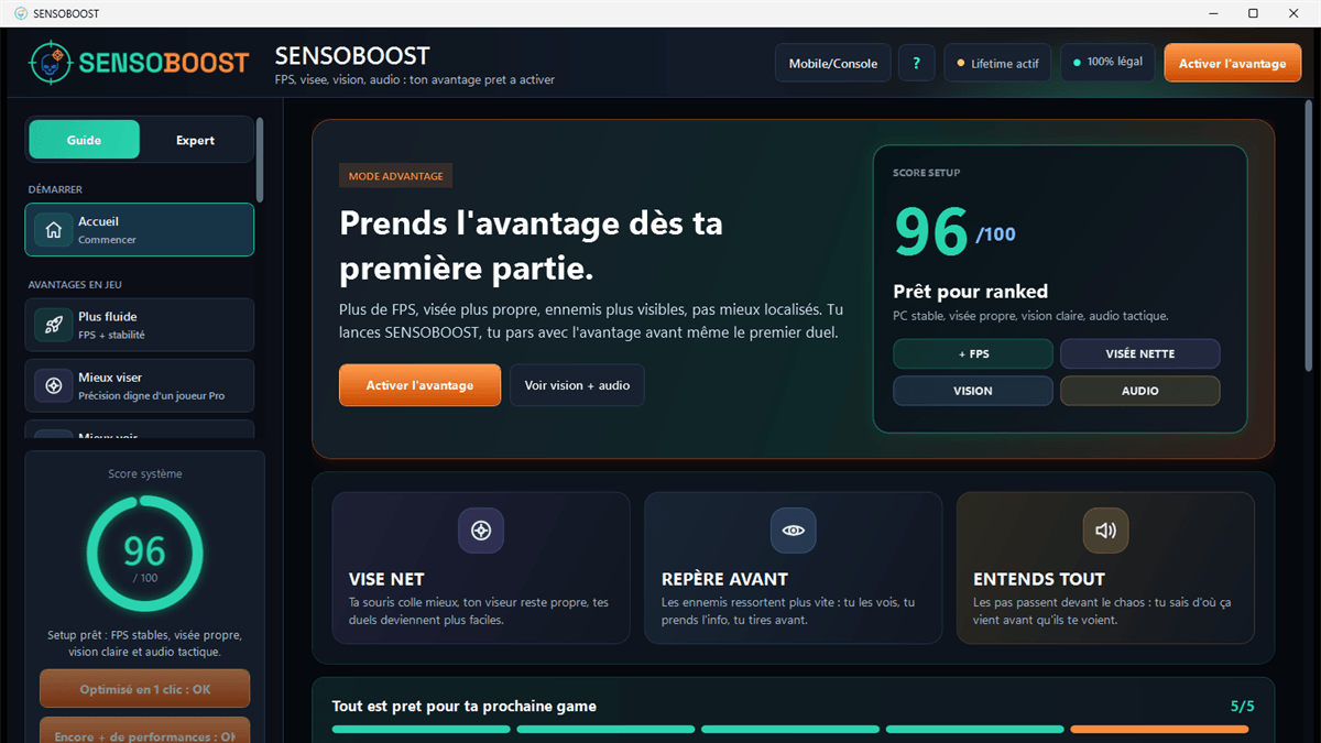 Écran d'accueil du logiciel SENSOBOOST avec le score de performance du PC et le bouton d'optimisation en 1 clic