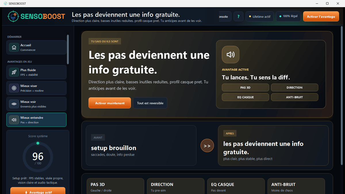 Onglet audio du logiciel SENSOBOOST avec les réglages sonores légaux qui aident à entendre les pas et les dangers plus tôt
