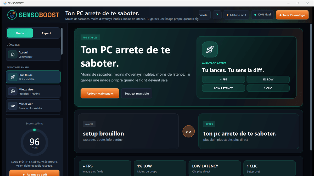 Onglet « Plus fluide » du logiciel SENSOBOOST : réglages appliqués en un clic et réversibles, qui réduisent la charge inutile de la machine