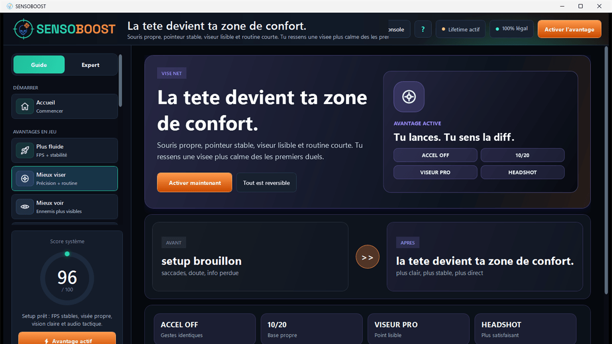 Onglet « Mieux viser » du logiciel SENSOBOOST : accélération du pointeur désactivée, sensibilité contrôlée et viseur lisible, sans rien toucher au jeu