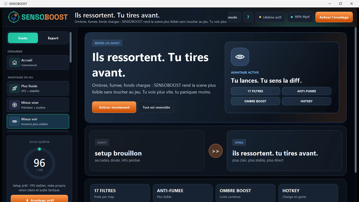 Onglet « Mieux voir » du logiciel SENSOBOOST : réglages d'image légaux pour améliorer la lisibilité à l'écran, sans toucher aux fichiers d'Arma 3