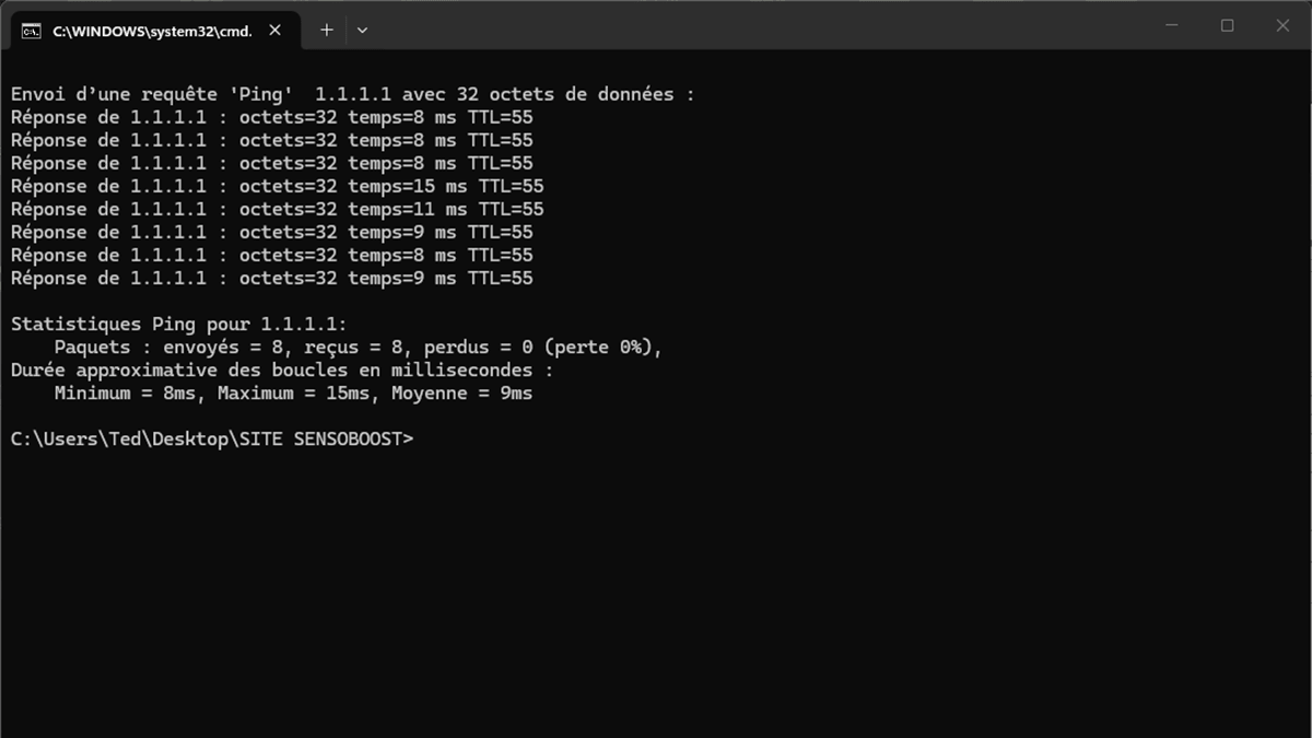 Invite de commandes Windows 11 : ping vers 1.1.1.1, 8 réponses reçues, 0 % de perte de paquets, latence moyenne 9 ms (min 8 ms, max 15 ms)