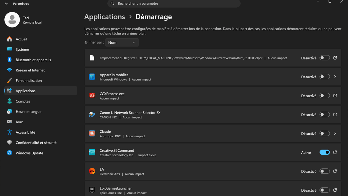 Paramètres Windows 11, page Applications puis Démarrage : liste des applications lancées avec Windows et leur impact, la plupart désactivées