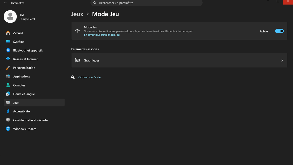Paramètres Windows 11 ouverts sur Jeux puis Mode Jeu, avec l'interrupteur du Mode Jeu activé pour prioriser le jeu en cours