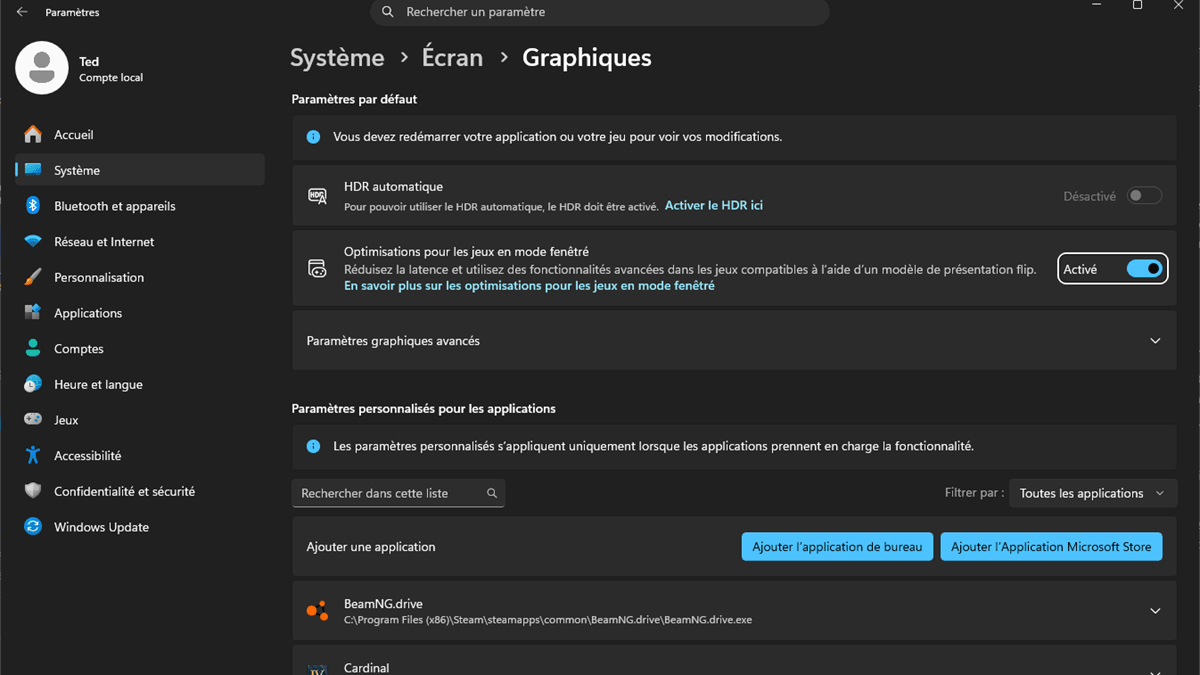 Paramètres Windows 11 > Système > Écran > Graphiques : « Optimisations pour les jeux en mode fenêtré » activé et liste des jeux Steam détectés