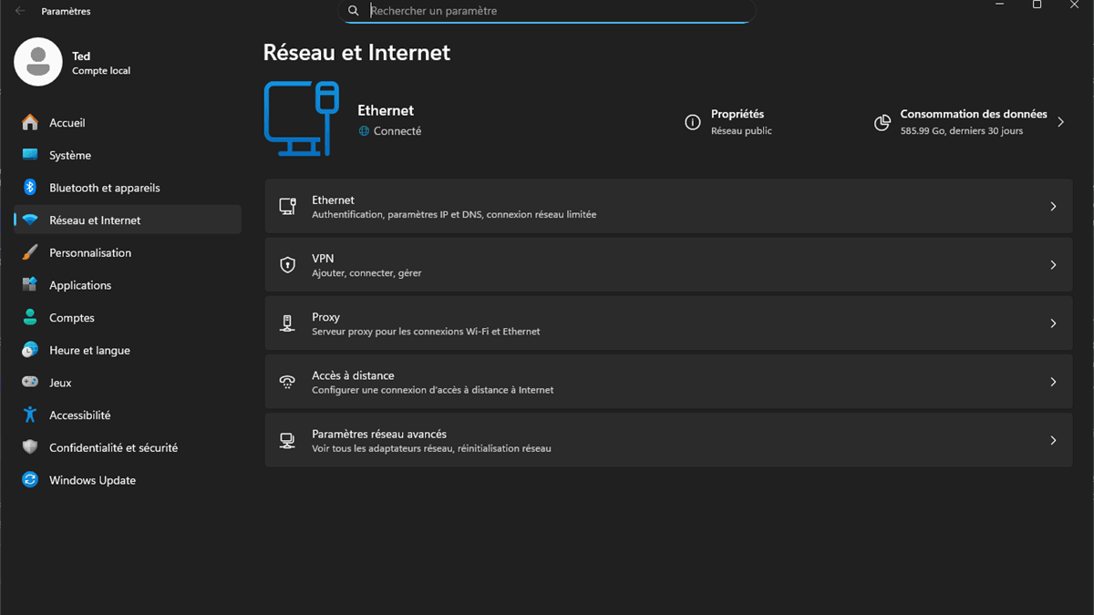 Paramètres Windows 11, section Réseau et Internet : la connexion Ethernet câblée est affichée comme connectée