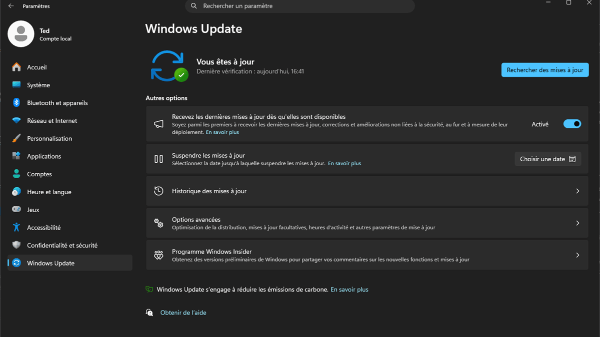 Page Windows Update de Windows 11 affichant le message « Vous êtes à jour » après une vérification effectuée le jour même