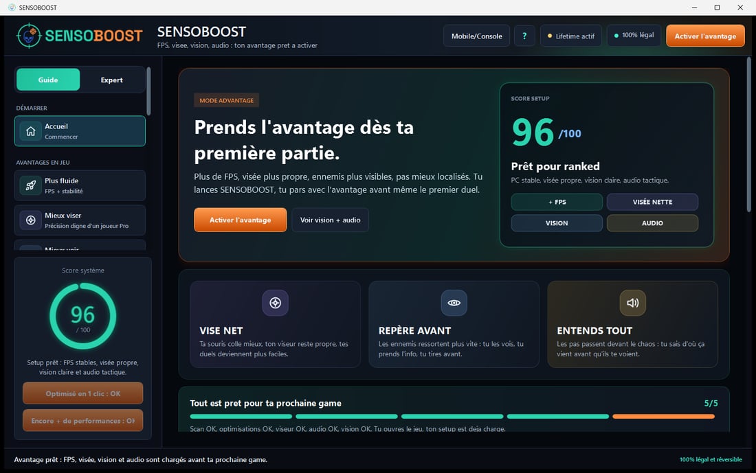 SENSOBOOST : écran d'accueil du logiciel avec score setup 96 sur 100, visée propre, ennemis plus visibles et audio tactique